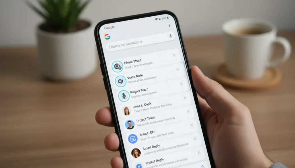 Google Messages app interface on an Android phone showcasing new features