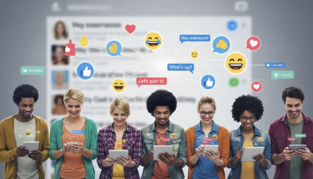 Diverse users engaging in lively group chat on social network platforms.