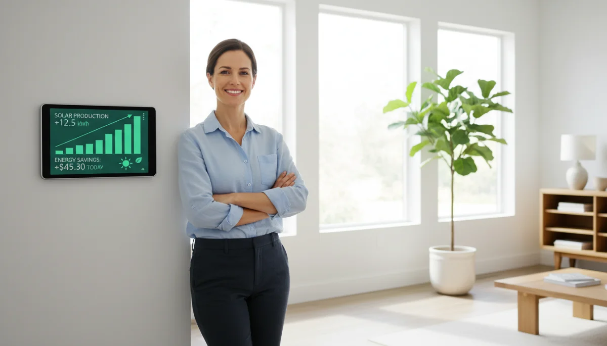 Homeowner checking solar energy production on a smart monitor.