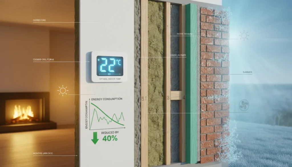 Modern home wall with insulation layers, symbolizing energy efficiency and cost savings.