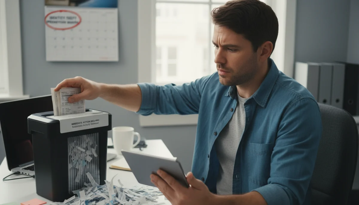 Person shredding documents, looking at email, preventing identity theft.