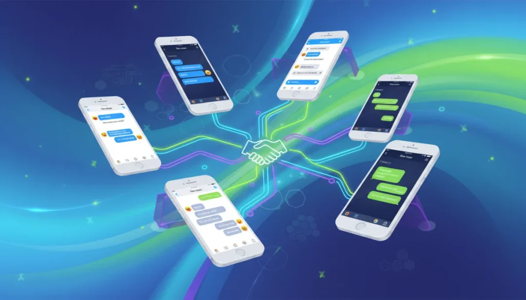 Illustration of iMessage blue and green bubbles connecting iOS and Android devices