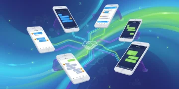 Illustration of iMessage blue and green bubbles connecting iOS and Android devices