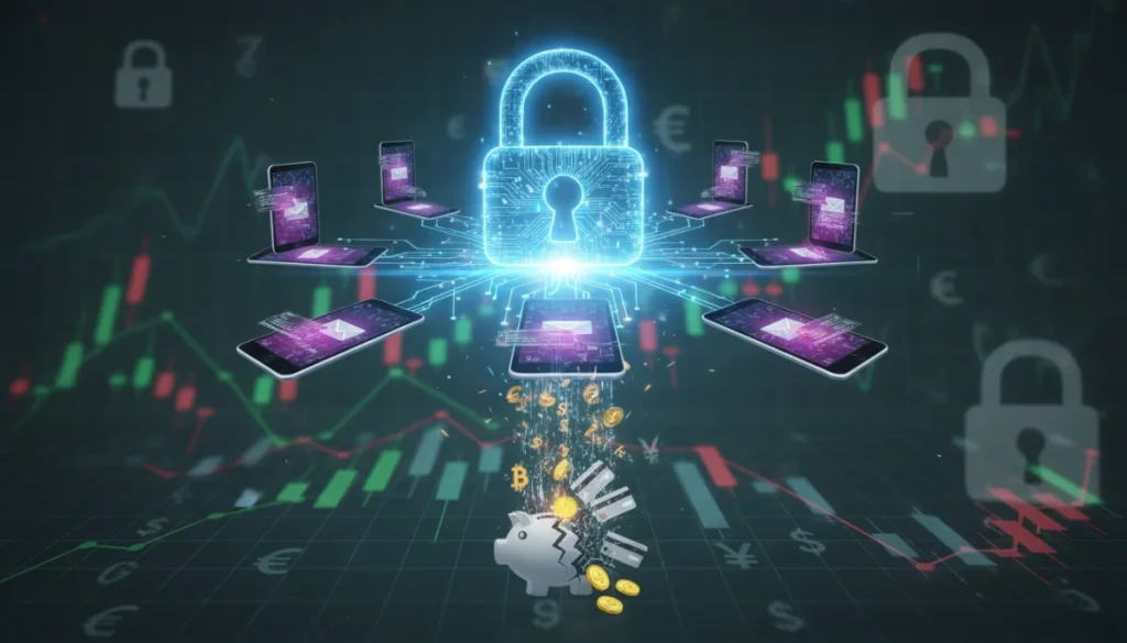 Digital padlock protecting mobile devices from data breaches, illustrating financial impact.