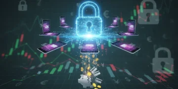 Digital padlock protecting mobile devices from data breaches, illustrating financial impact.