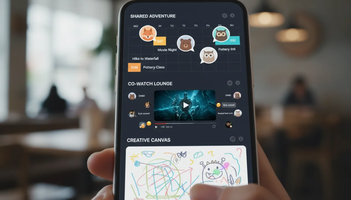 Interactive messaging app interface showing collaborative tools like shared activities and co-watching.