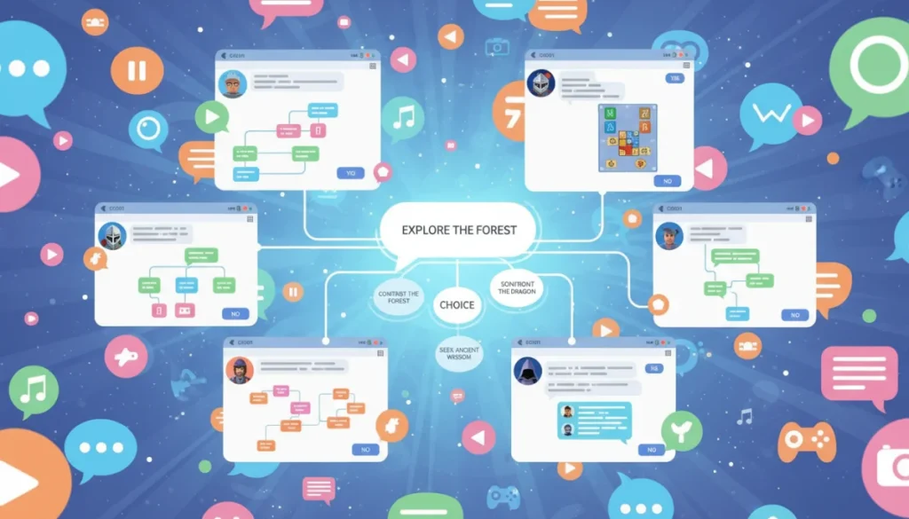 Dynamic chat interface showing interactive story choices and character interactions