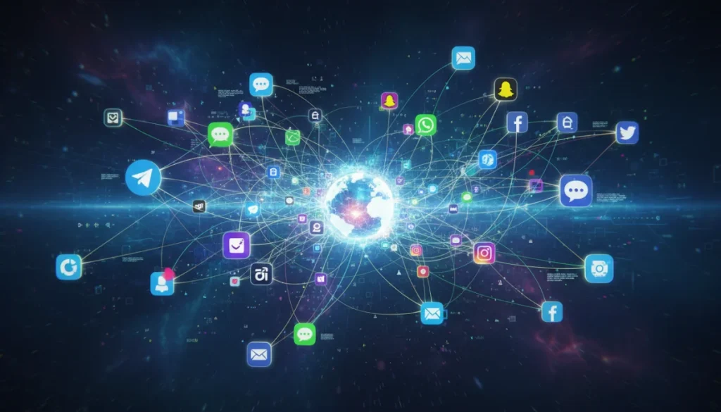 Interconnected messaging app icons representing digital communication interoperability