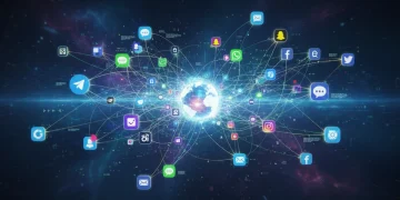Interconnected messaging app icons representing digital communication interoperability