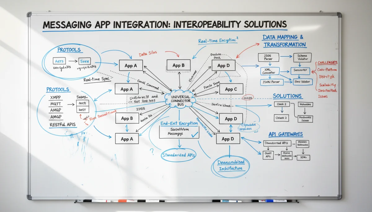 Technical diagrams illustrating messaging app interoperability protocols and APIs