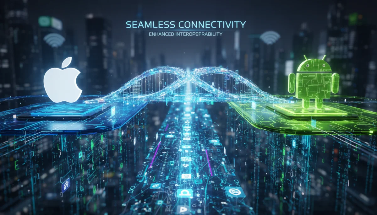 Conceptual bridge connecting iOS and Android icons, symbolizing enhanced interoperability