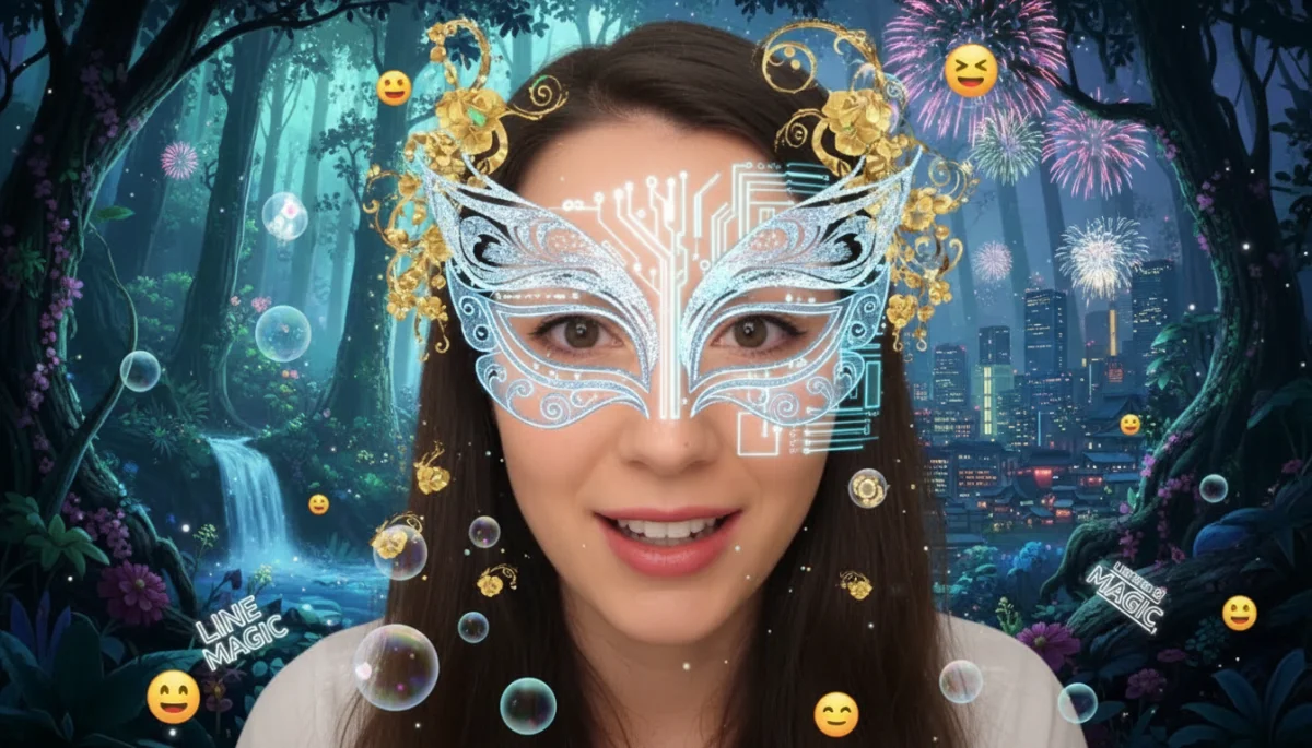 LINE app AI effects demonstrating augmented reality filters and real-time facial transformations.