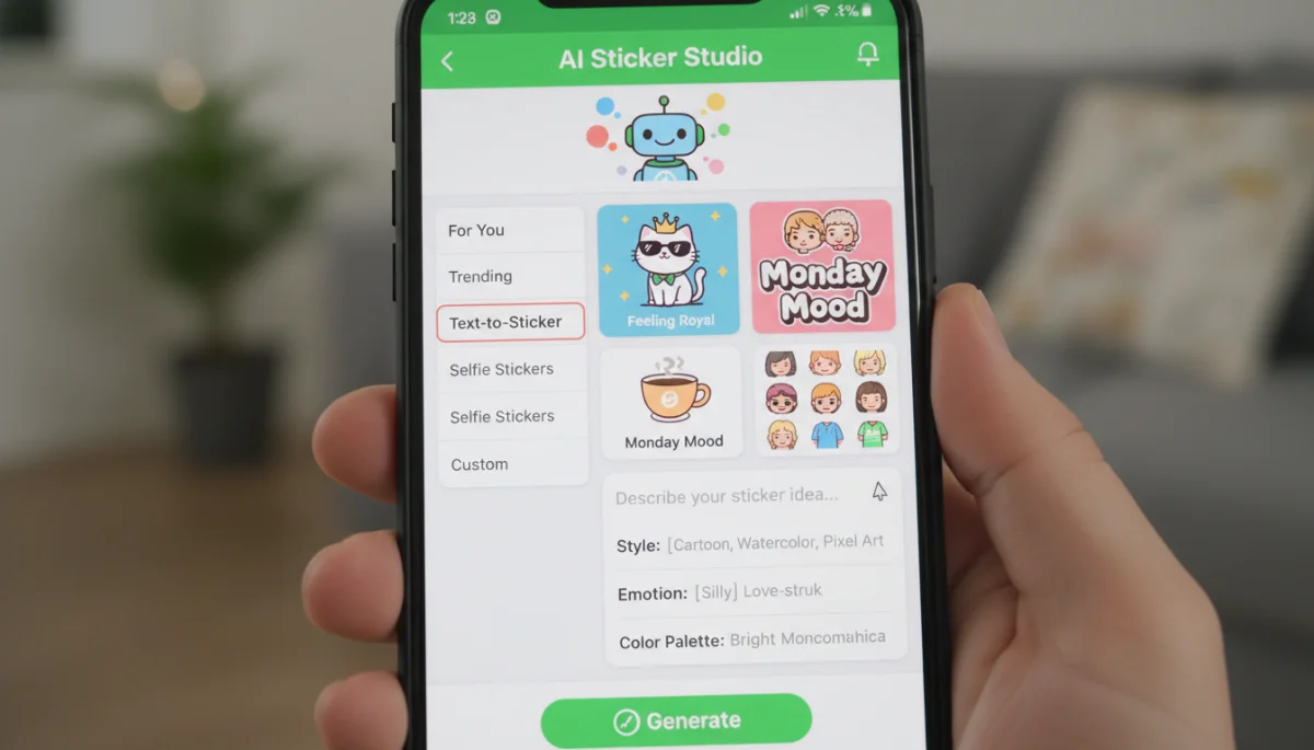LINE app interface showing AI sticker suggestions and customization options for users.