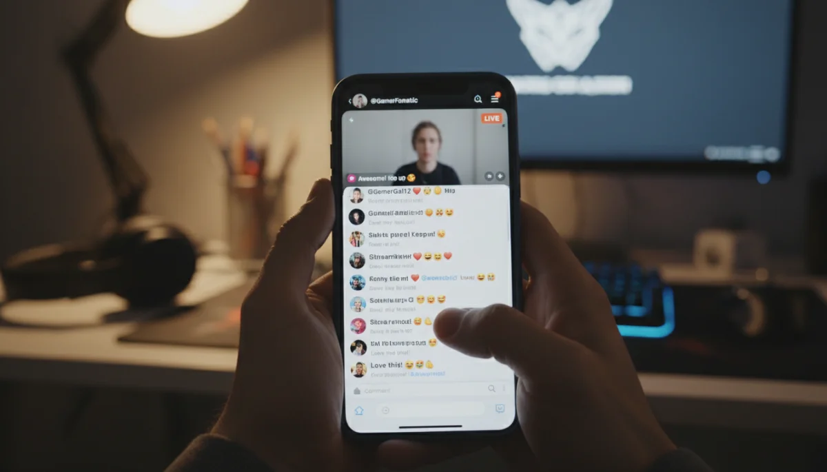Hands holding a smartphone with a live-streaming app showing active user comments and engagement.