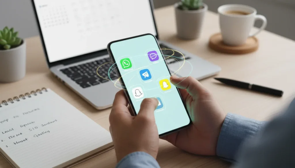 Person reviewing messaging apps on smartphone for productivity