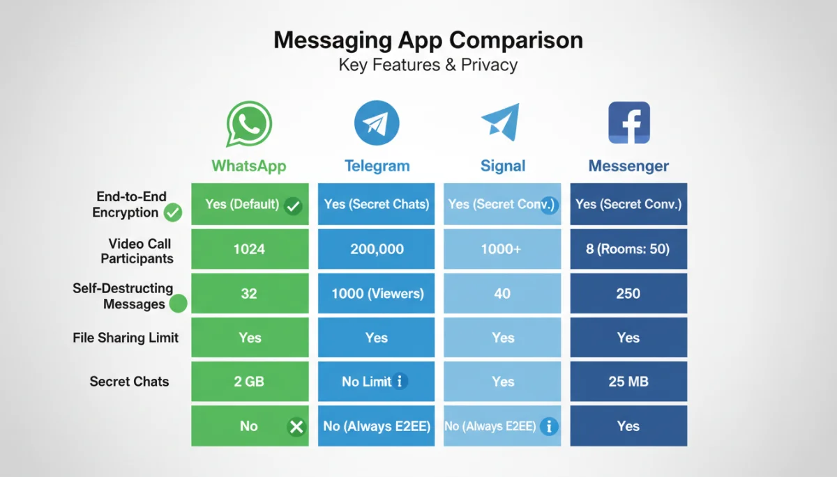 Infographic comparing privacy features and functionalities of leading messaging apps.