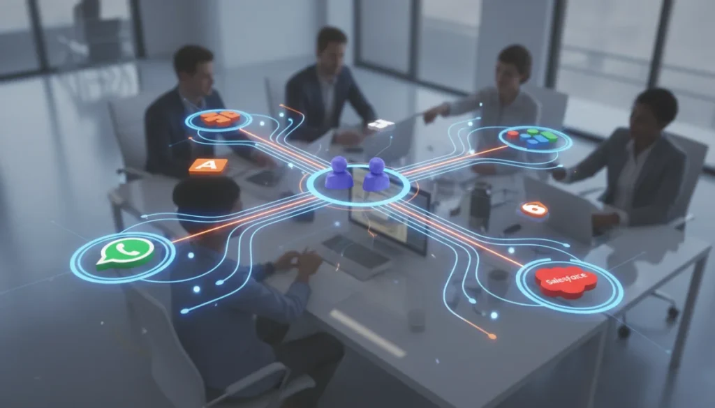 Illustration of interconnected messaging and productivity apps streamlining workflows