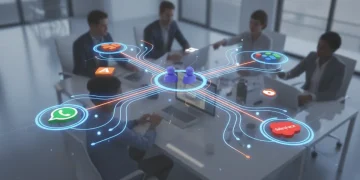 Illustration of interconnected messaging and productivity apps streamlining workflows