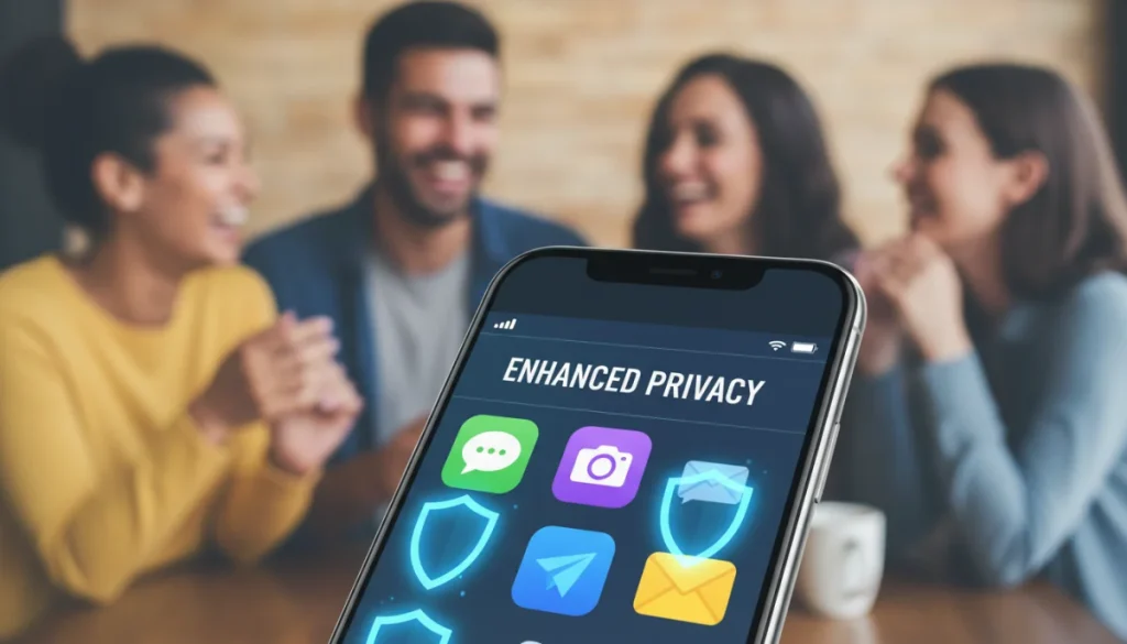 Smartphone displaying messaging apps with privacy shields, symbolizing new security features.