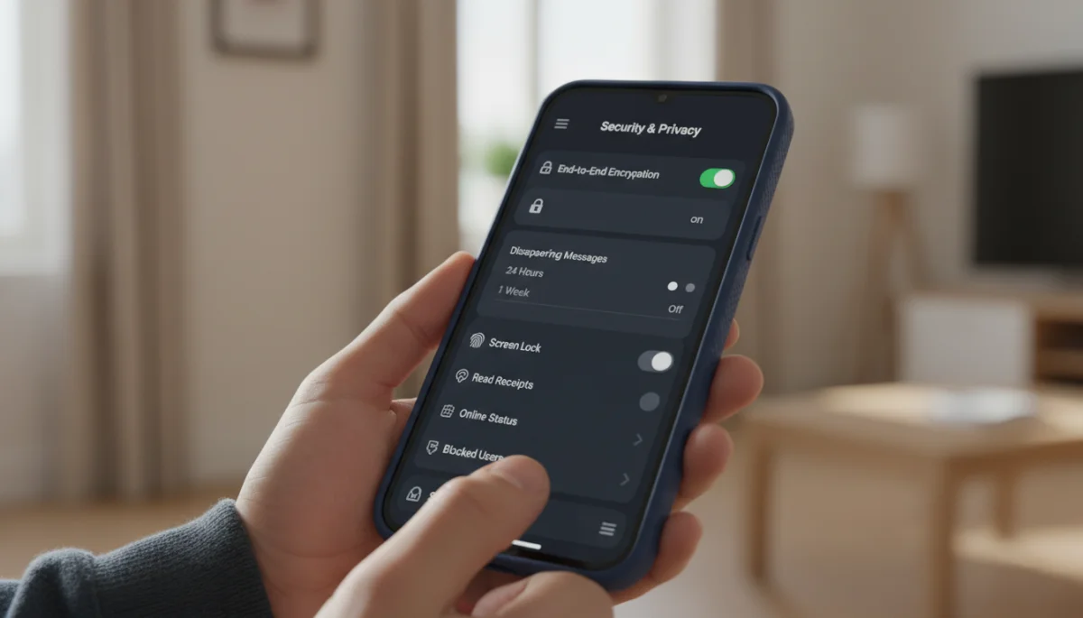 Navigating security settings in a messaging application on a smartphone