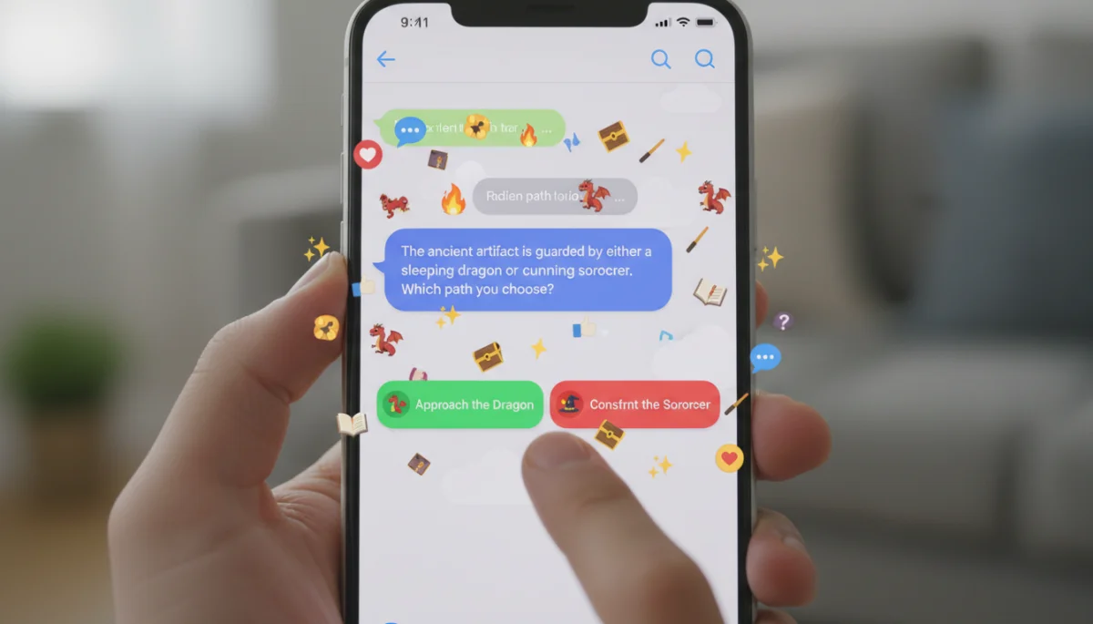 Smartphone displaying interactive story choices in a messaging app