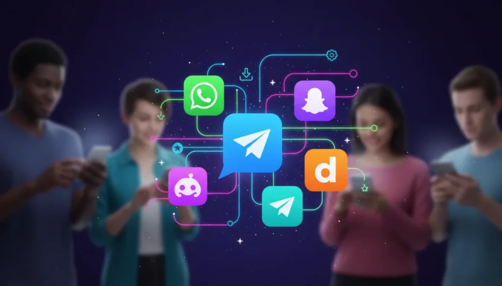 Interconnected messaging app icons with glowing lines on a digital background, representing recent updates