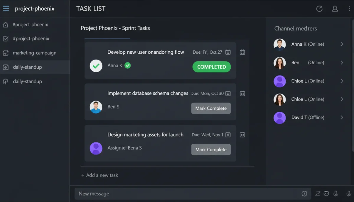 Messaging platform interface showcasing integrated task list and assignment features