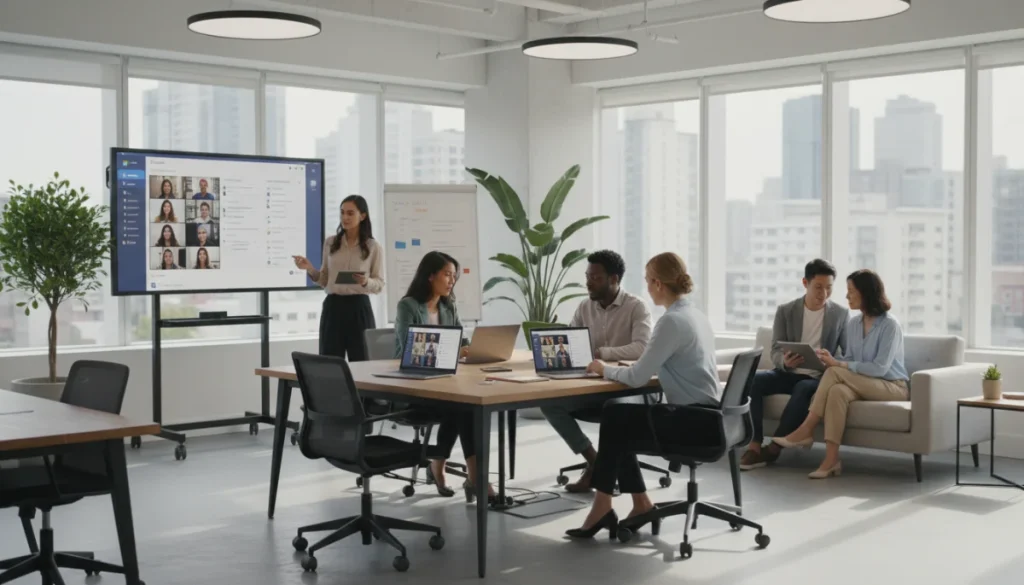 Diverse team collaborating with Microsoft Teams on digital devices in a modern office.