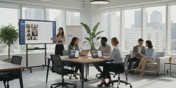 Diverse team collaborating with Microsoft Teams on digital devices in a modern office.