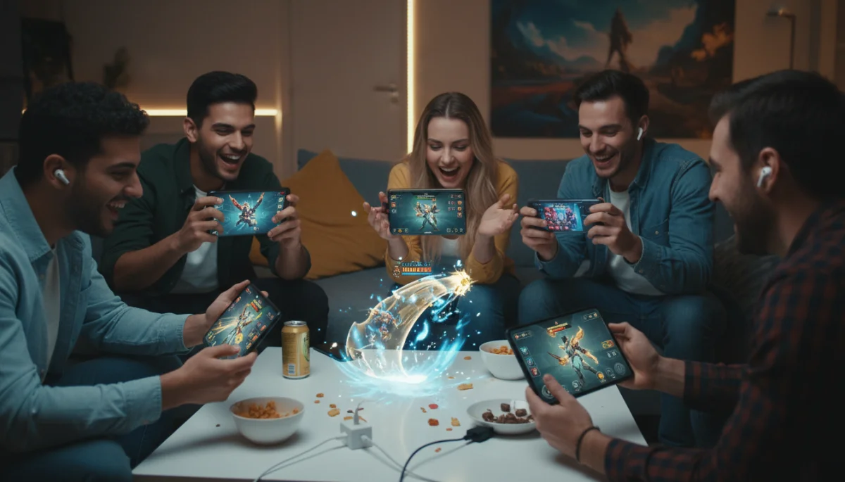 Friends playing a mobile game with updated graphics, showcasing new interactive features and social connectivity.