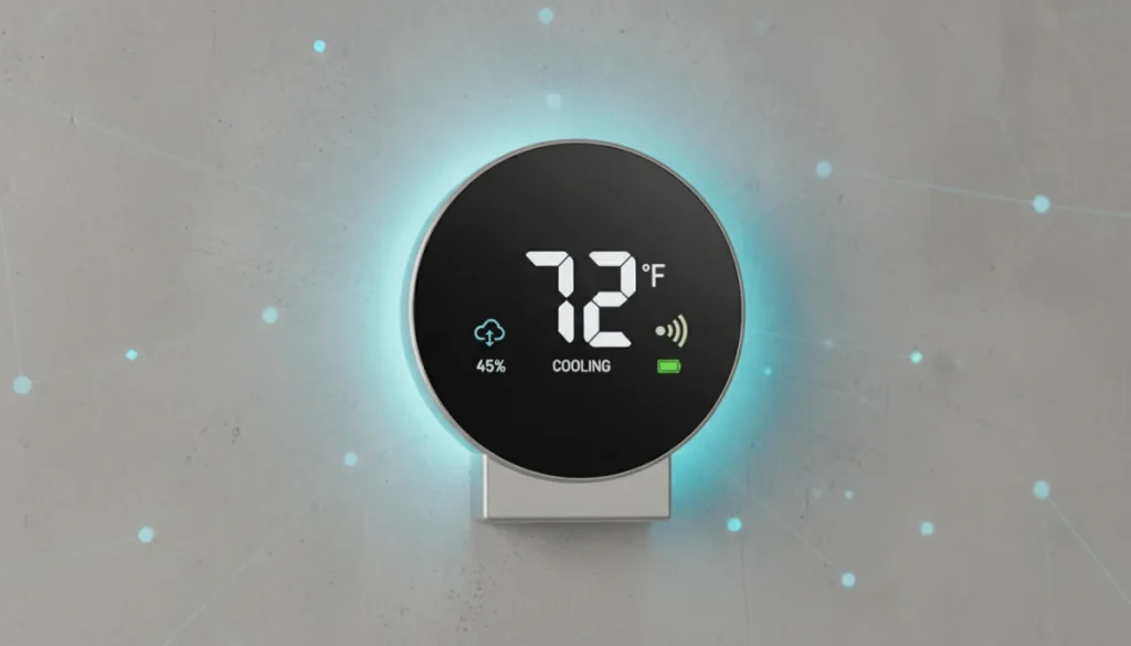 Modern smart thermostat displaying temperature and connectivity status