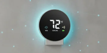 Modern smart thermostat displaying temperature and connectivity status