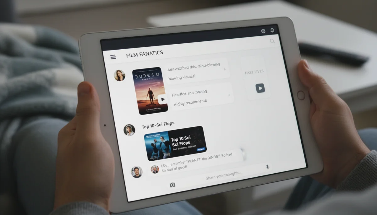 Tablet screen displaying a movie discussion on an entertainment messaging app.