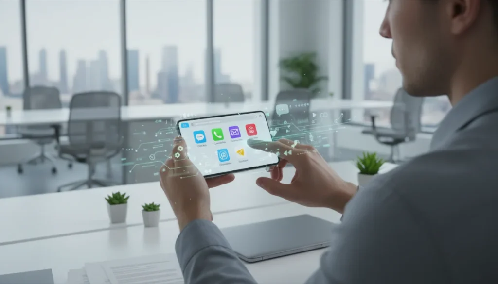 Focused individual optimizing messaging apps on a smartphone for enhanced productivity.