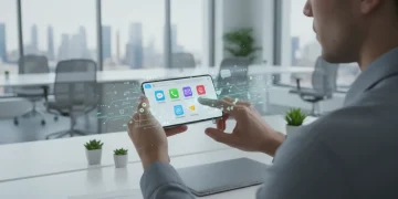 Focused individual optimizing messaging apps on a smartphone for enhanced productivity.