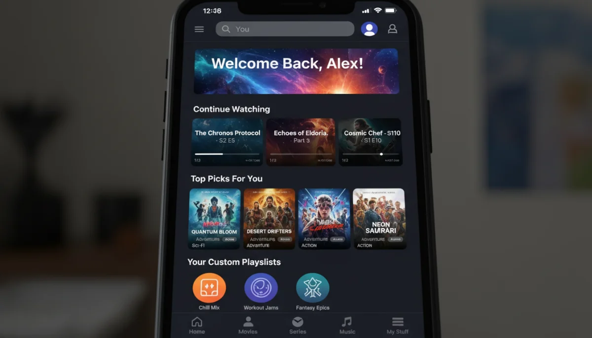 Personalized entertainment app interface with recommendations