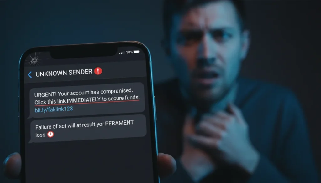 Smartphone displaying a deceptive phishing message on a messaging app, highlighting the threat of online scams.