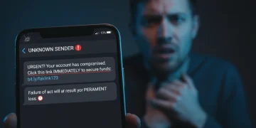 Smartphone displaying a deceptive phishing message on a messaging app, highlighting the threat of online scams.