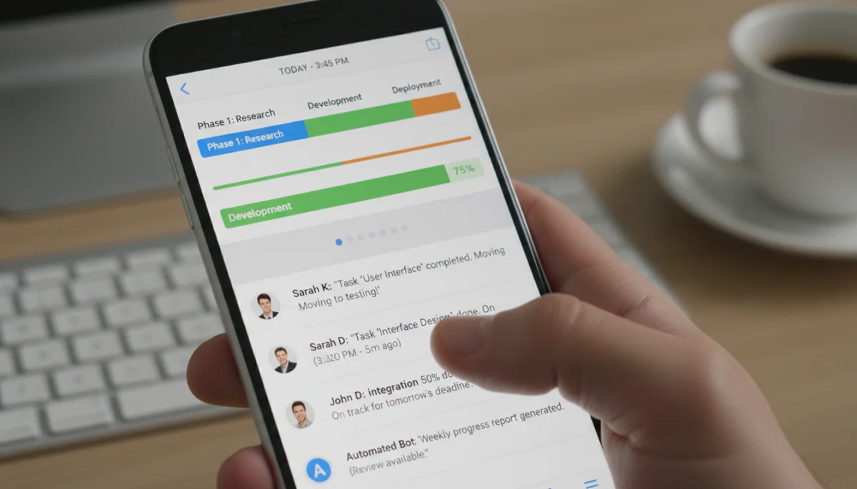 Project timeline and task updates on a communication app