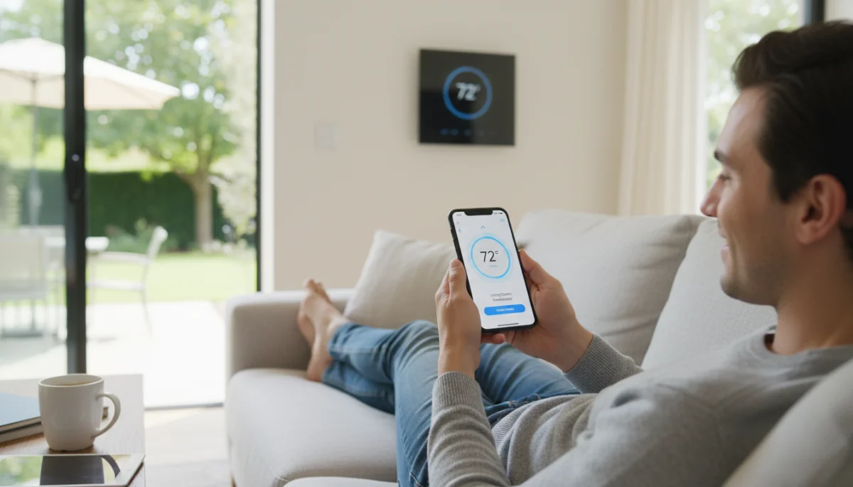 Person adjusting smart thermostat remotely via smartphone app