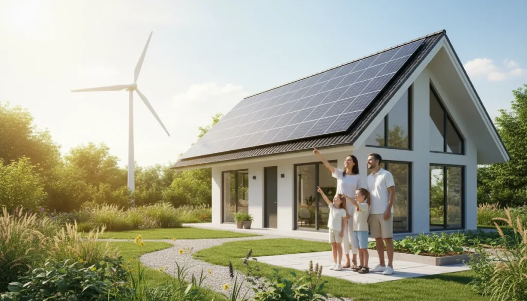 Modern home with solar panels and wind turbine, symbolizing renewable energy savings.