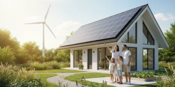 Modern home with solar panels and wind turbine, symbolizing renewable energy savings.