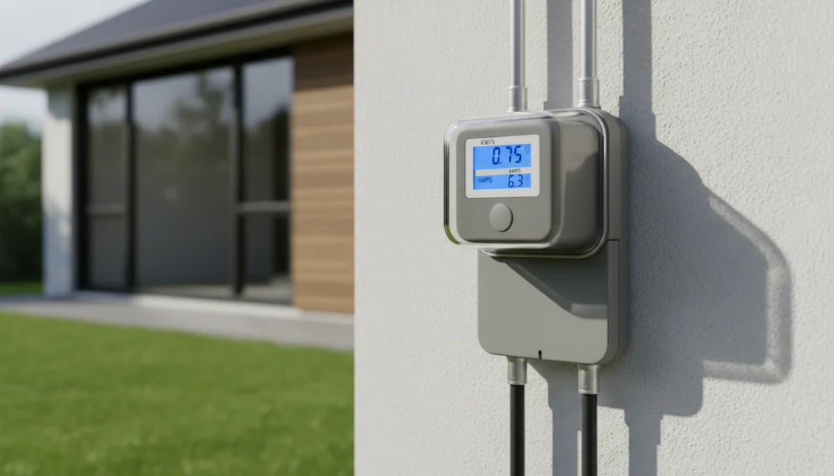 Smart meter on a residential home displaying energy data