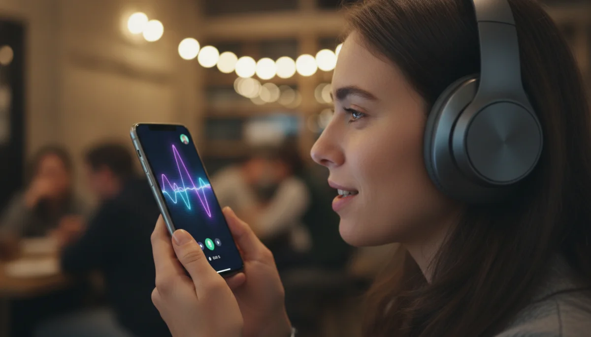 Person listening to or recording a detailed voice message, highlighting rich audio communication.