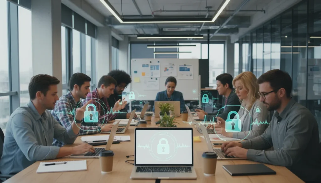 Professionals collaborating securely with encrypted messaging apps.