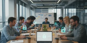Professionals collaborating securely with encrypted messaging apps.