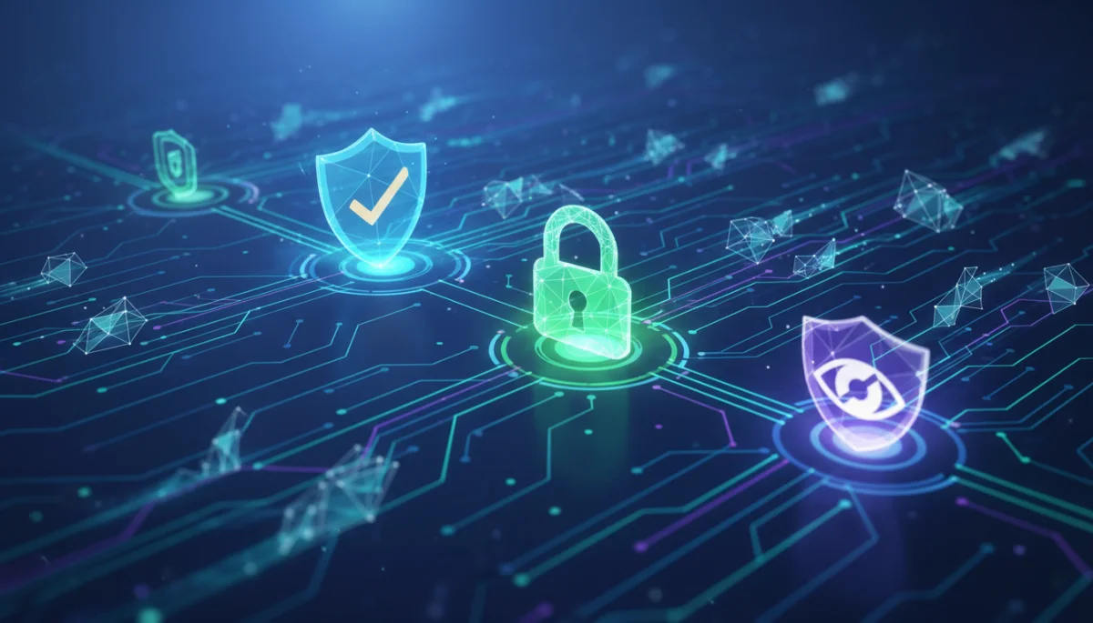 Abstract representation of secure data flow with privacy icons.