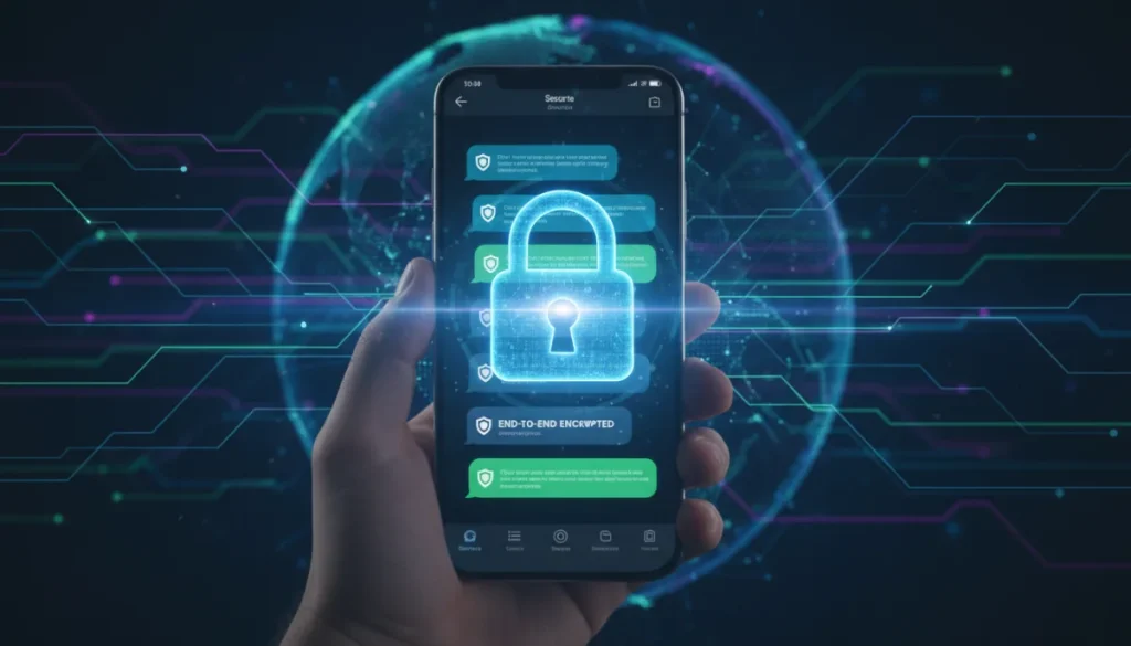 Secure messaging app interface with a strong lock icon indicating data protection.