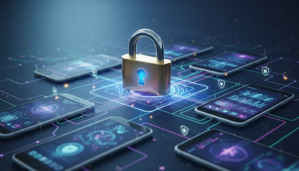 Digital padlock over messaging app interfaces, symbolizing secure communication.
