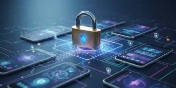 Digital padlock over messaging app interfaces, symbolizing secure communication.